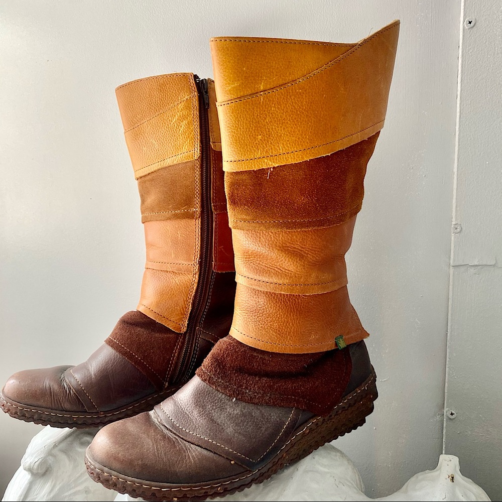 El Naturalista Patchwork Brown & Tan Leather Mid-Calf Boots